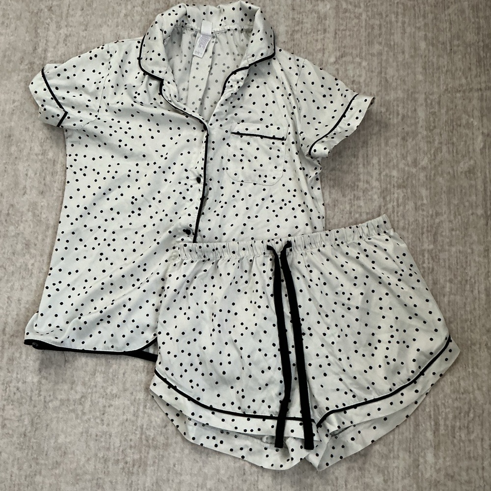 stars above White Polka Dot Short Pajama Set with Black Trim